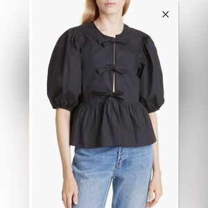 GANNI Puff Sleeve Organic Cotton Poplin Peplum Blouse (36)